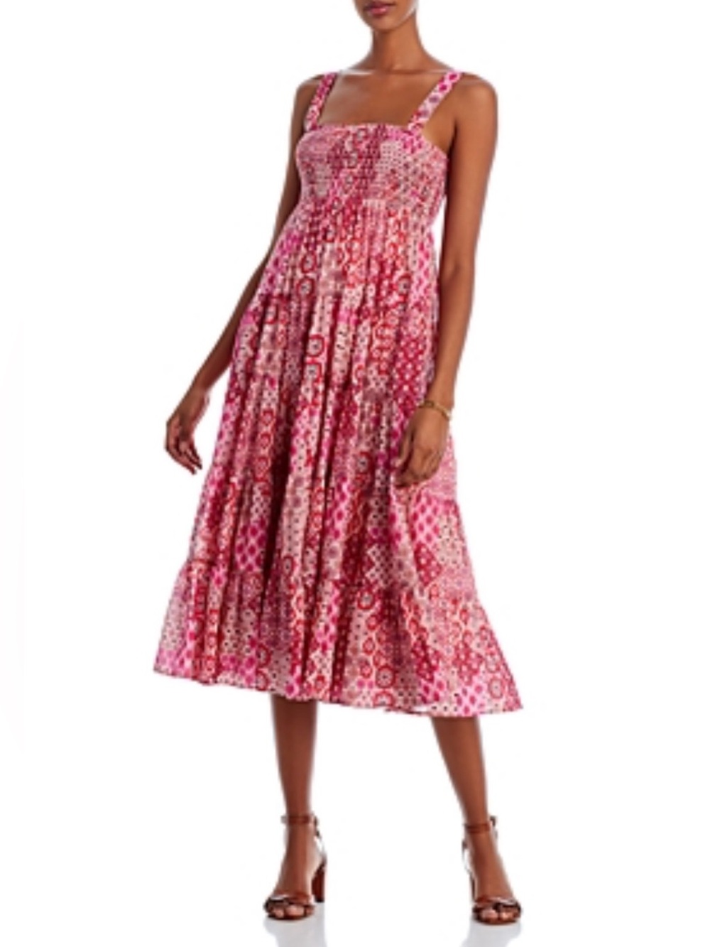 Aqua Pink Mosaic Smocked Midi Dress